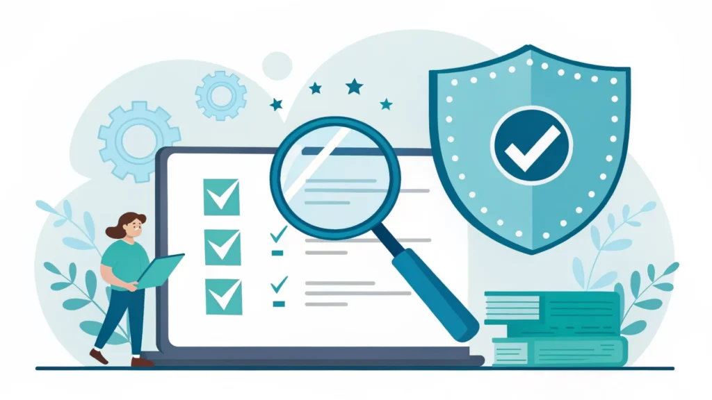 Platform safety checklist with magnifying glass, checklist and security shield