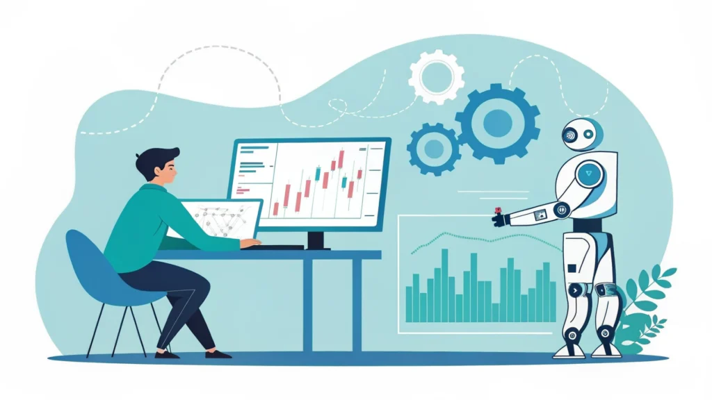 AI market signals versus automated trading bot illustration with person analyzing charts and a robot